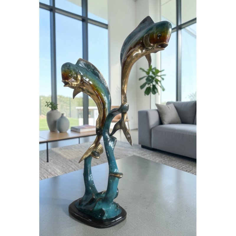 Sculpture bronze double poisson sur fond de marbre ondulé 19 po x 12 po x H 35 po