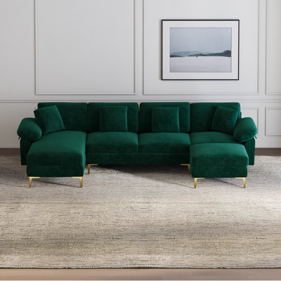 114" U Shaped Chenille Sectional Sofa with Chaise Ottoman and Gold Legs