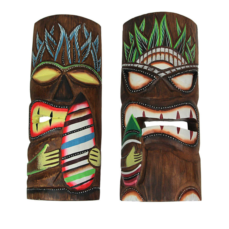 Ensemble de 12 masques tiki surfeur en bois sculpté à la main