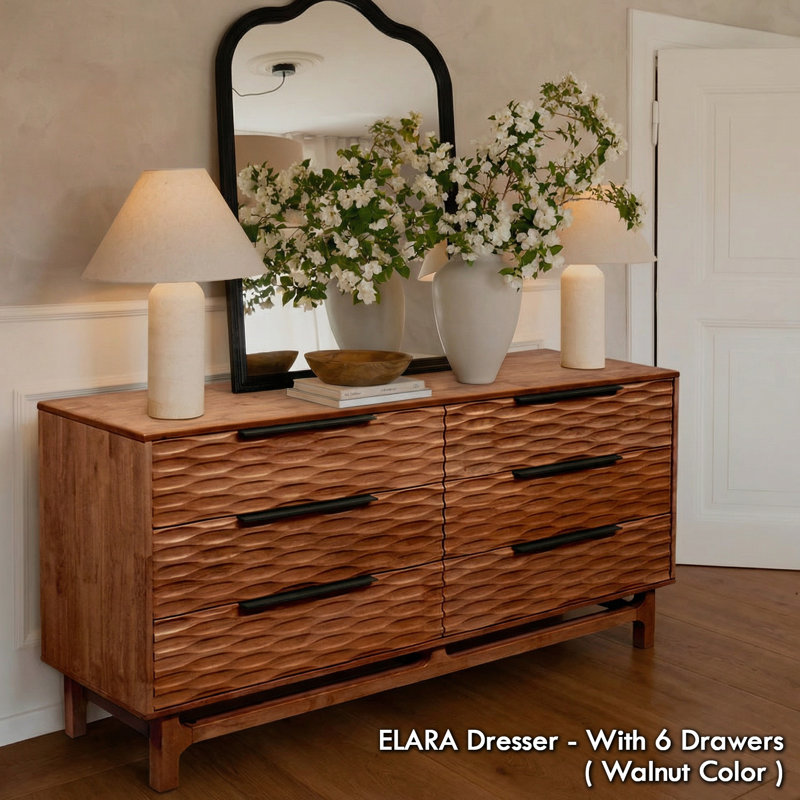 ACACIA Elara 6-Drawer Walnut Solid Wood Dresser – Horizontal Bedroom Wood Dresser With CNC Wave Texture – Mid-Century Wide Chest Of Drawers, 5 Years Warranty