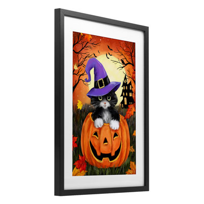Cat Peeking from Jack-o-Lantern Framed Print Under Glass, design by Jean Francois