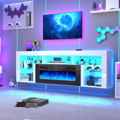 Meuble télé 71 po pour téléviseur de 85 po et moins avec station de charge, bande lumineuse DEL brillante