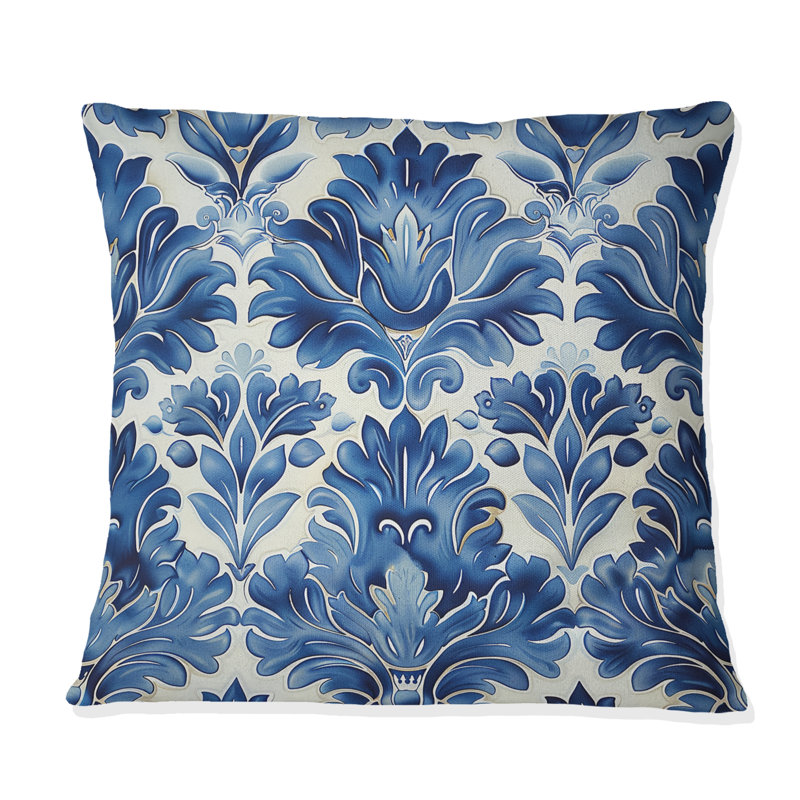 «Blue Whitetimeless Damask Glamour Art IV» - Coussin décoratif transitionnel, H 18 po x l 18 po
