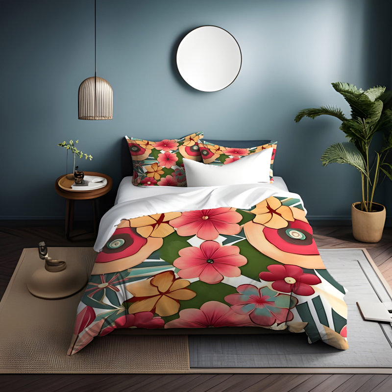 Polyester Floral Duvet Cover, King Duvet Cover + 2 King Shams