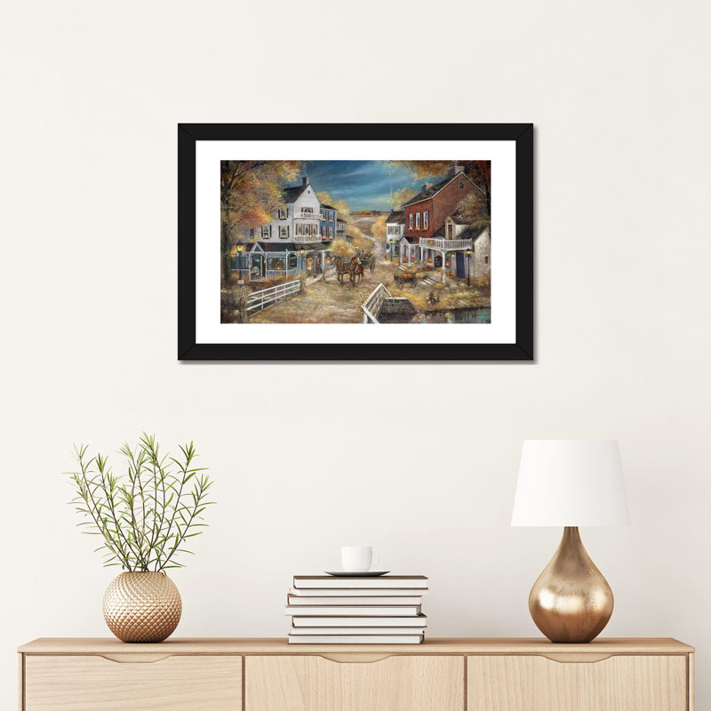 «Harvest Village» par Ruane Manning - reproduction d'art, H 16 po x l 24 po x P 1 po, Papier encadré noir, Blanc