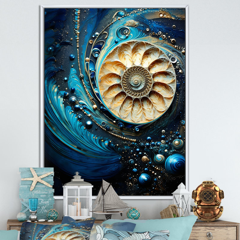 Nautilus, saphir, coquillages I sur toile, Cadre flottant blanc, H 32 po x l 16 po x P 1 po