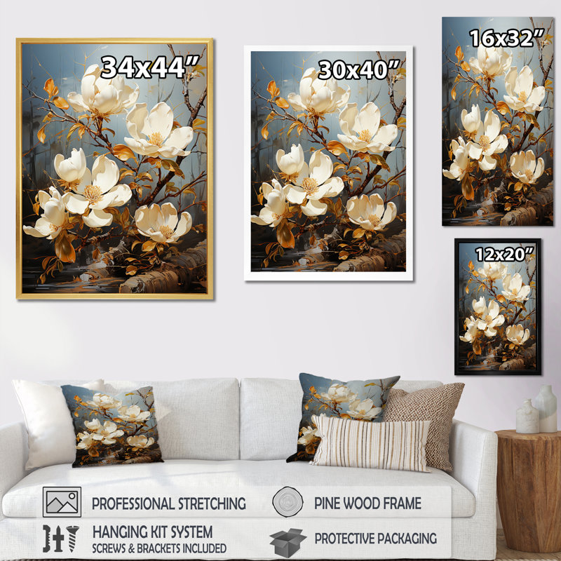 Golden Magnolias Splendor I sur impression sur toile, H 44 po x l 34 po x P 1,5 po, Cadre flottant blanc