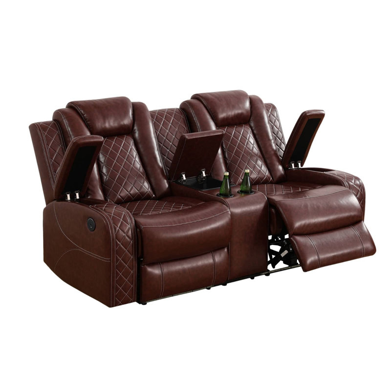 Causeuse inclinable en similicuir respirant rouge bourgogne avec console de rangement, porte-gobelets, port USB et base DEL