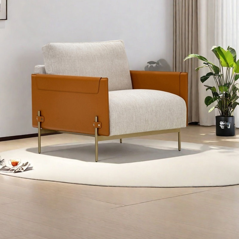Chaise longue en bois massif éponge de style minimaliste, Mélange de lin doré / similicuir