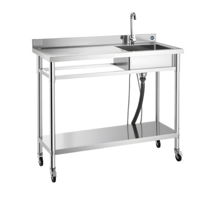 Commercial Grade Stainless Steel Utility Sink with Rolling Workbench, NSF Certified Single Bowl Kitchen Sink with Faucet and Adjustable Shelf for Laundry & Garage