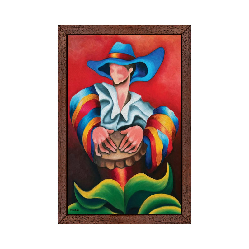 Blue Hat by Dixie Miguez - Floater Frame Painting on Canvas, Brown Framed, 66.04 cm H x 45.72 cm W