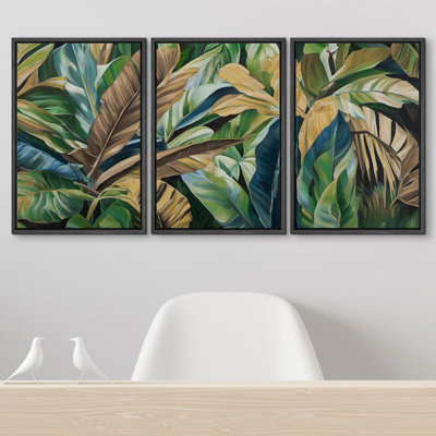 Plant Abstraction " Tropical Serenity Three-Piece Lush Green Foliage Banana Leaves Illustrations Modern Art Boho Decor " 3 - Pieces