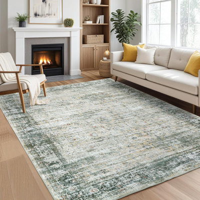 Machine Washable Rug with Rubber Backing for Living Room Vintage Non-Slip Dining Room Rug Oriental Printed Faux Wool Rugs for Bedroom Floor Carpet for Office Nursery Playroom