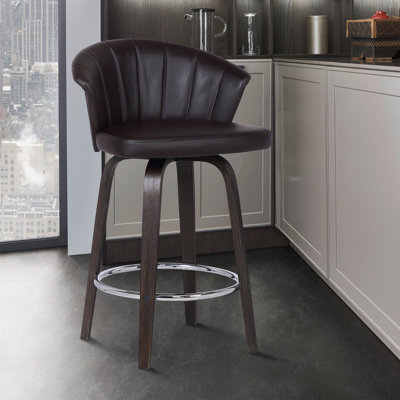 Vandt Swivel Counter or Bar Height Bar Stool with Chrome Footrest in Brown Faux Leather and Plywood