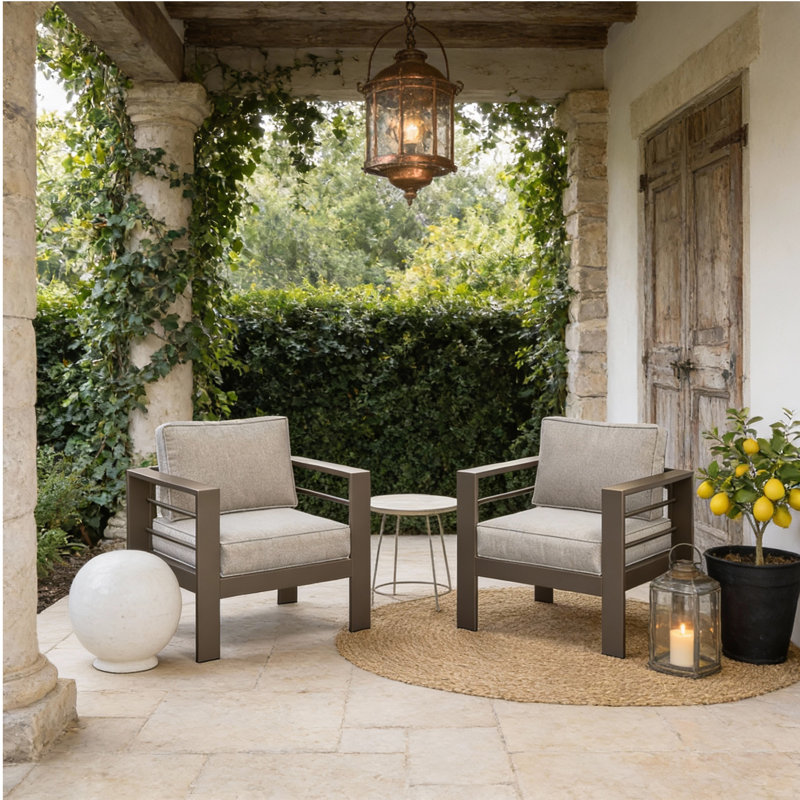 28" Modern All-Weather Patio Armchairs with Deep Cushions, Heavy-Duty Metal Frame Outdoor Lounge Chairs, Set of 2