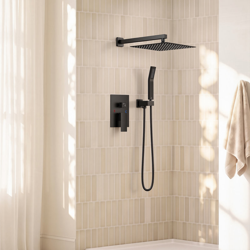 Système de tête de douche à pluie murale 12 po avec robinet et corps de robinet brut, Noir