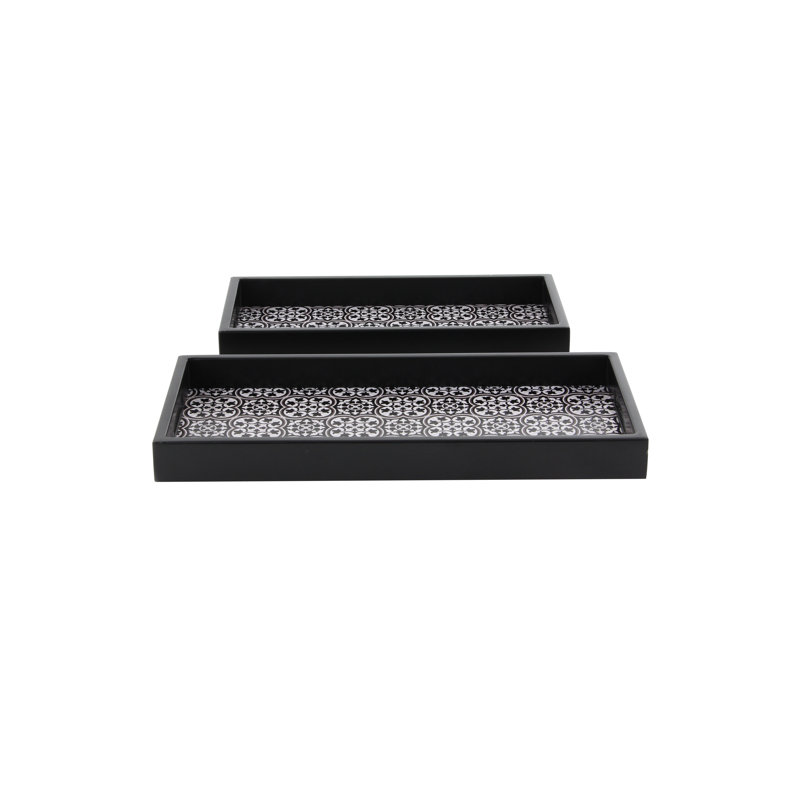 Ensemble de plateaux décoratifs 2 pièces en bois, 2" H x 22" L x 14" P et 2" H x 17" L x 12" D, Noir mat