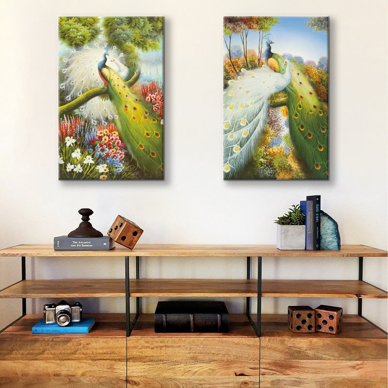 Paon vert avec fleurs de paon blanches, ensemble de 2 pièces sur toile, H 24 po x l 36 po