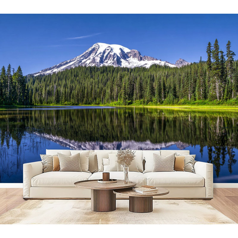 Papier peint adhésif auto-adhésif pour la chambre à coucher Mount Rainier Reflection Lake, L 96 po x l 69 po
