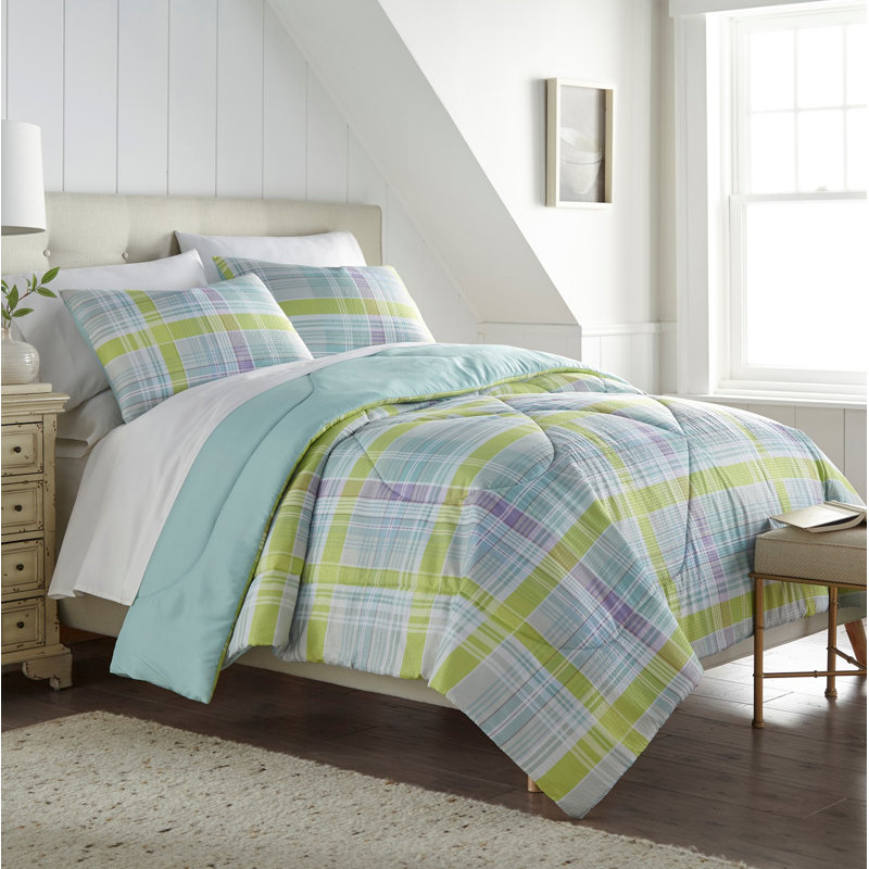 Ensemble d'édredon Seersucker, Édredon pour très grand lit + 2 taies décorativ, Tissu écossais d'été