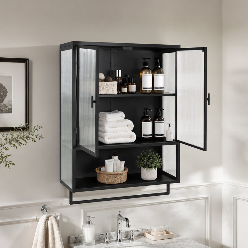 Armoire murale moderne à deux portes de 23,62 po avec deux portes, un rangement fermé à deux niveaux, une tablette ouverte et un porte-serviettes, pour le vestibule, le salon, la salle à manger et la salle à manger