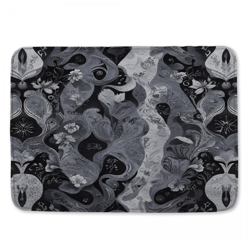 Tapis de bain noir et blanc à motif floral, L 24 po x L 17 po