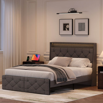 Fully Upholstered Bed Frame, Diamond Tufted Headboard & Footboard, Led Lighting Platform Bed With Under Drawer Storage