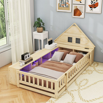 Wood Floor Bed with Guardrail, LED Light, USB and Charging Ports