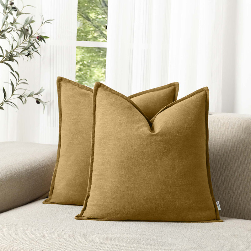Boho Farmhouse Pillow Cover Soft Boho Farmhouse Washed Linen Textured Cotton Throw Pillow Covers, Square 20", Yellow