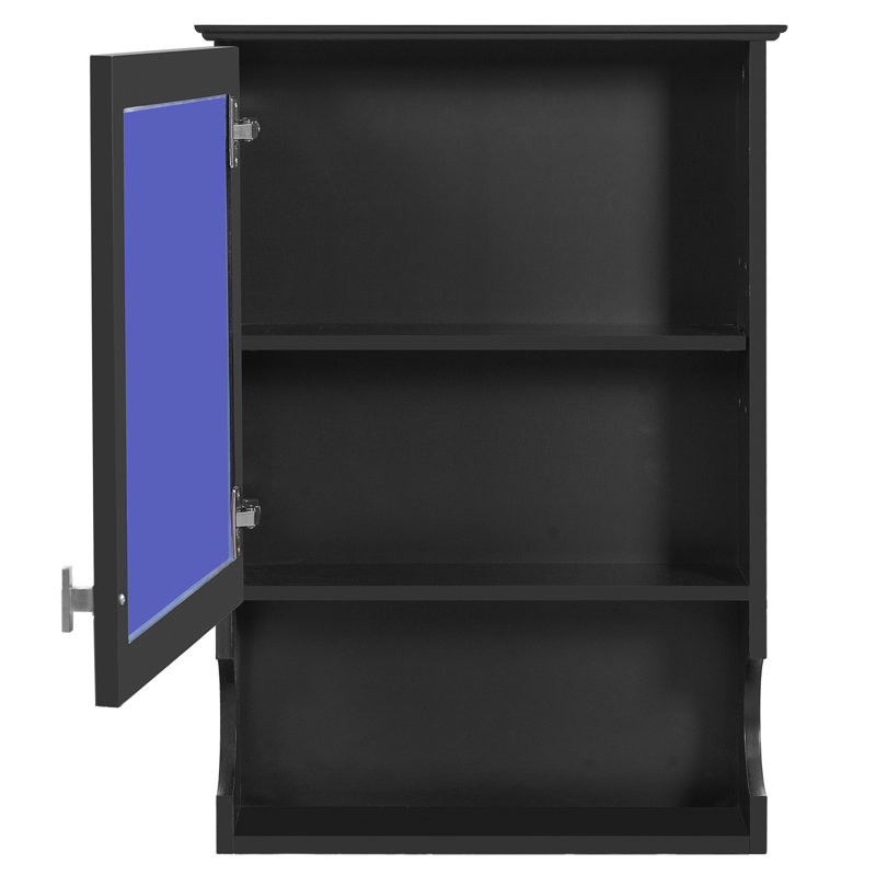 Armoire de salle de bain murale moderne avec miroir, 20 po, finition noire, tablettes réglables, porte simple, bois massif et métal, charnières, idéale pour les petits espaces de rangement