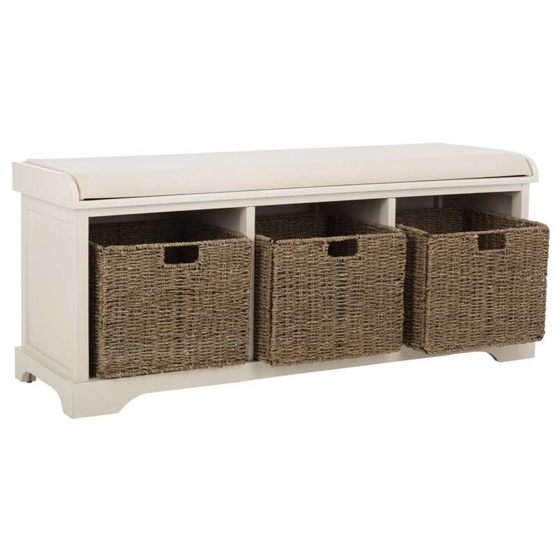 Aniella Faux Leather Upholstered Storage Bench, Pine Wood Woven 3 Baskets for Mudroom & Entryways, White