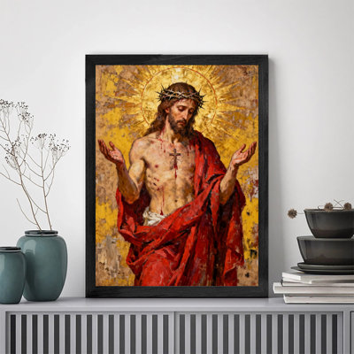 Black Framed Vintage Jesus was dressed in a robe, with a halo on his head, and his arms were spread out Wall Art Retro Style Framed Prints