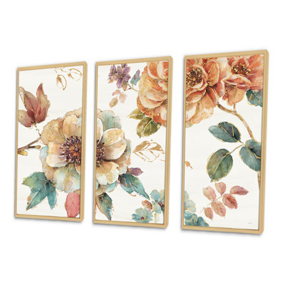 «Orange and Cream Cottage Flowers Twig», peinture sur toile 3 pièces