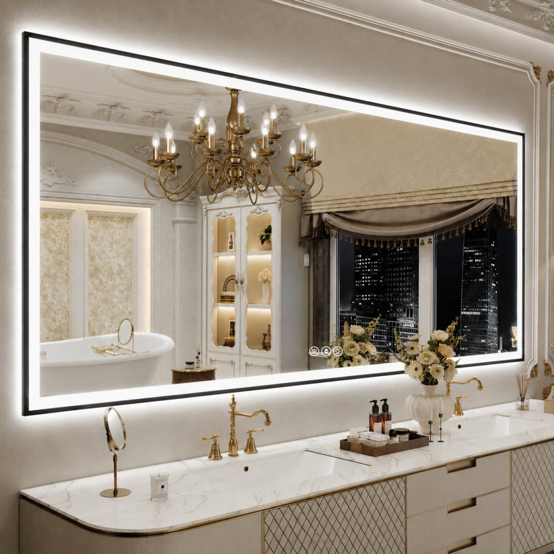 Miroir de salle de bain en aluminium mat brillant avec lumières DEL à l'avant et à l'arrière, 3 températures de couleur, intensité variable, verre trempé anti-buée, fonction mémoire et homologué ETL