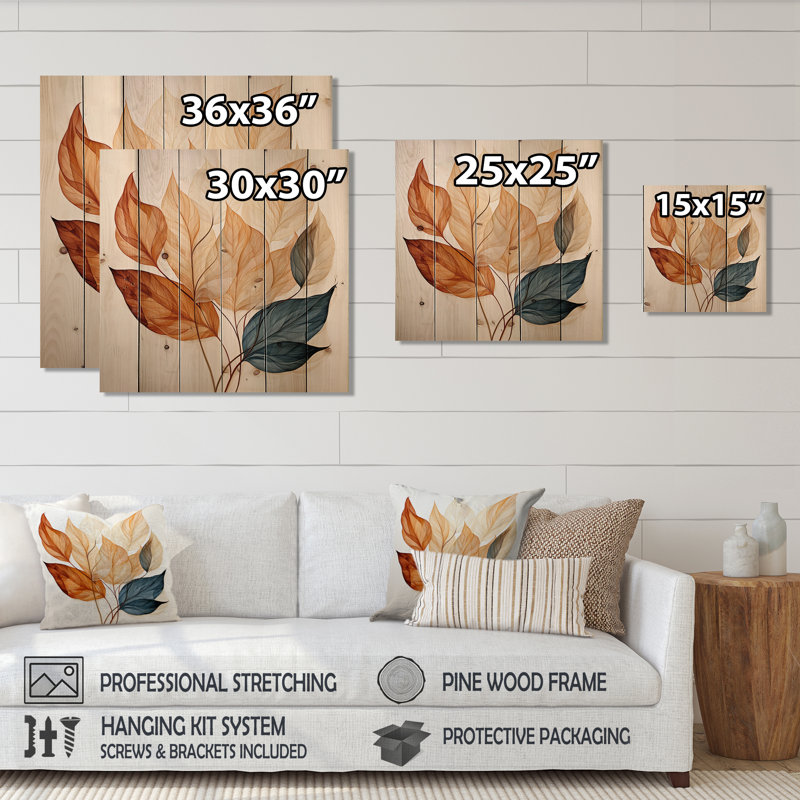 «Copper Leafy Abstractions - Leaves Wood», art mural sur bois de pin naturel, H 36 po x l 36 po