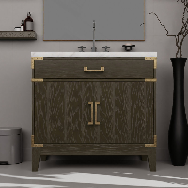 Meuble-lavabo simple en chêne brun 36 po X P 22 po D, avec plateau en marbre de Carrare
