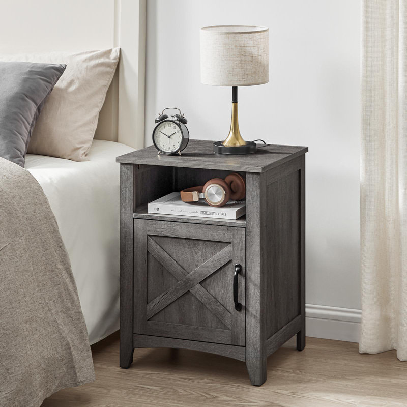 Bauman 18" W Farmhouse Nightstand with Storage Cabinet and Open Shelf, Misty Gray, Individual