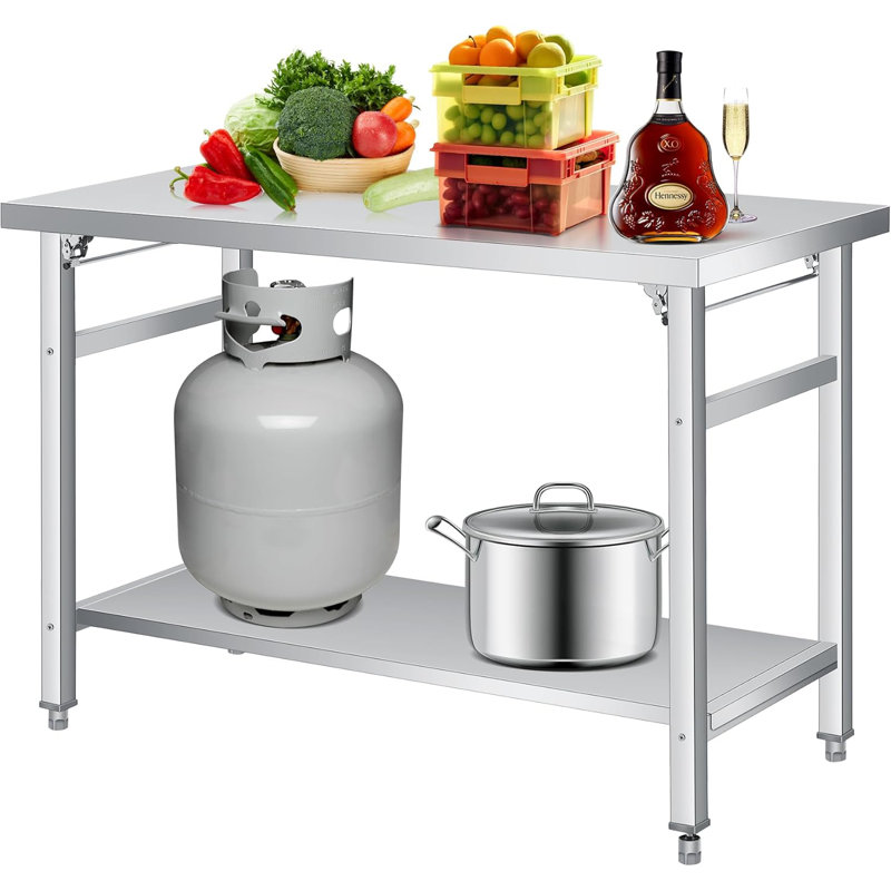 Table pliante 48 po en acier inoxydable, poste de travail 920 LBS avec tablette pour la préparation et le travail, îlot de cuisine en acier inoxydable NSF