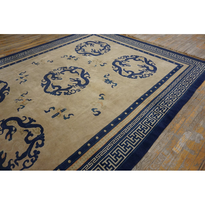 Antique Knotted Chinese Rectangle Ivory Room Size 1920s Wool - Peking Rug