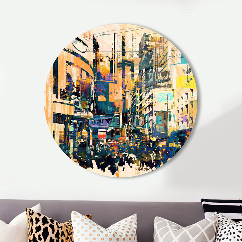 Paysage urbain moderne abstrait imprimé sur verre trempé pour le bureau, l'art mural et la décoration intérieure | Rond