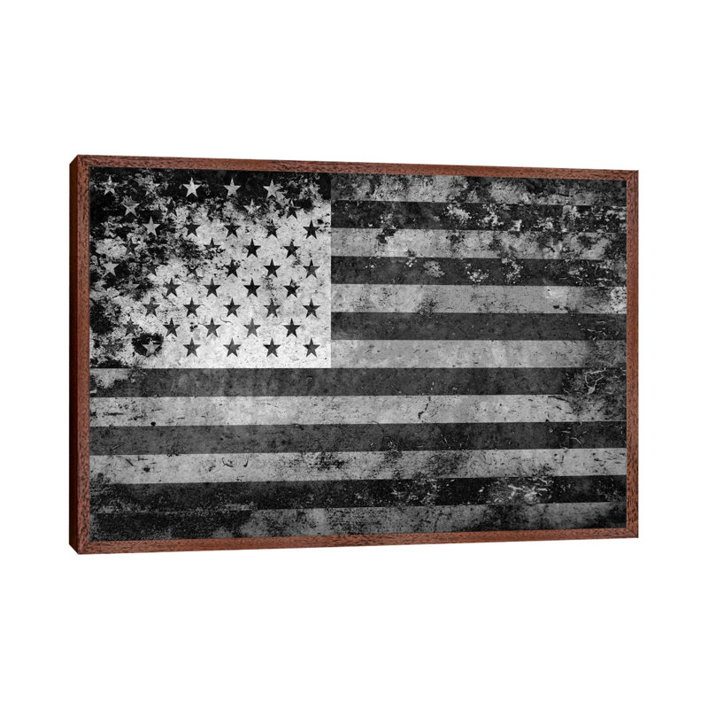 Usa "Melting Film" Flag In Black And White I - Print on Canvas, 152.5 cm H x 101.5 cm W, Brown Floater Framed