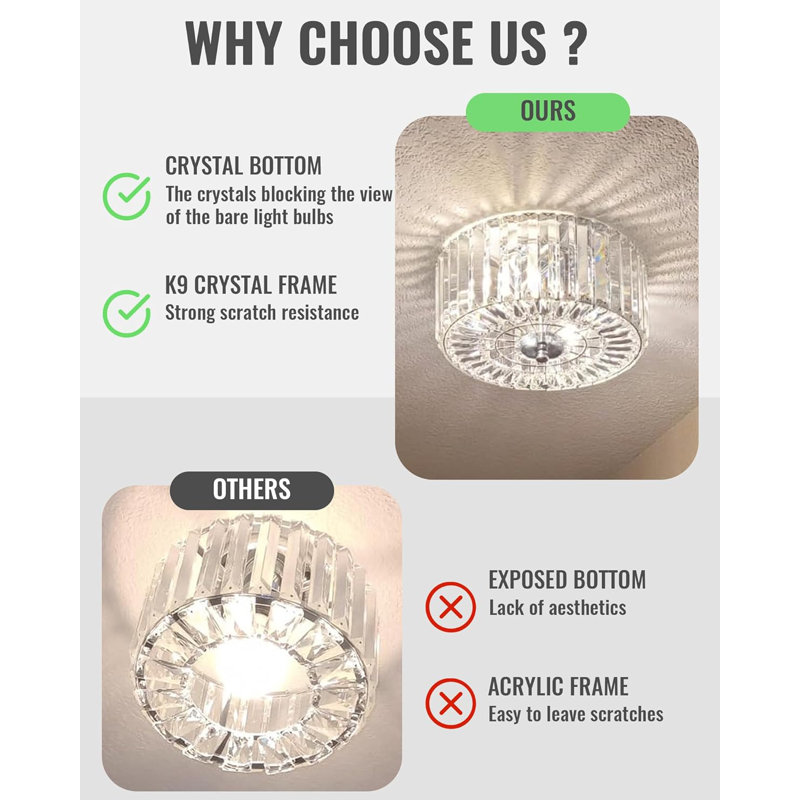 Plafonnier encastré Modern Crystal avec cadre en cristal K9 et chrome, plafonnier semi-encastré 2 lumières pour couloir, cuisine, salle de bain, entrée