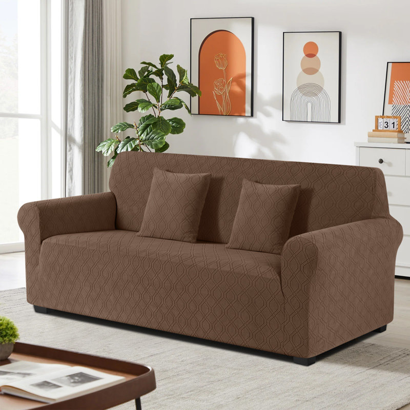 Housses de canapé 1 pièce Wald en jacquard extensible toutes saisons avec housse de coussin 2 pièces, Café clair
