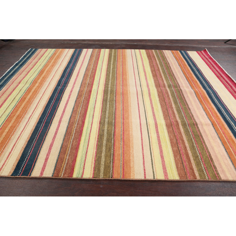 Tapis beige / rouge / bleu foncé en laine noué à la main de conception unique 8 pi 1 po x 10 pi New Age