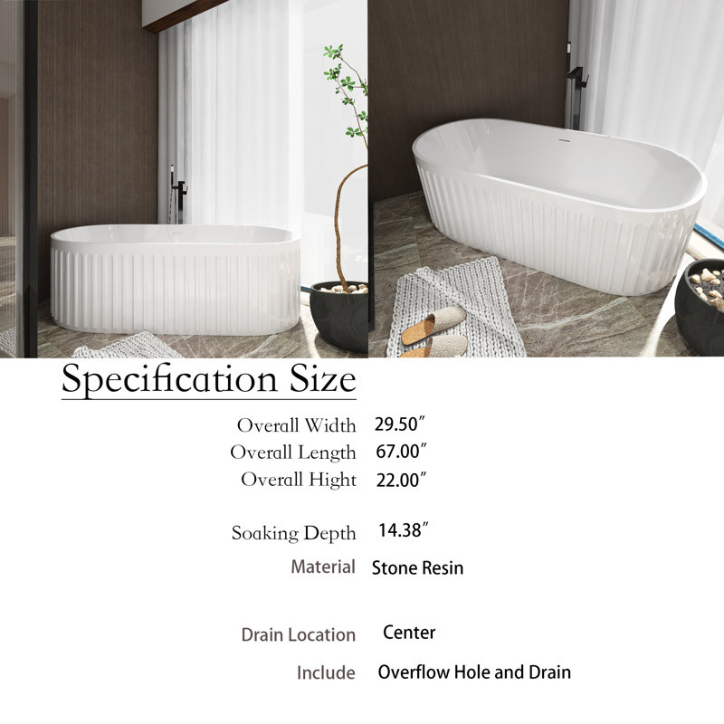 Baignoire autoportante 67 po x 29,5 po à surface solide blanc mat