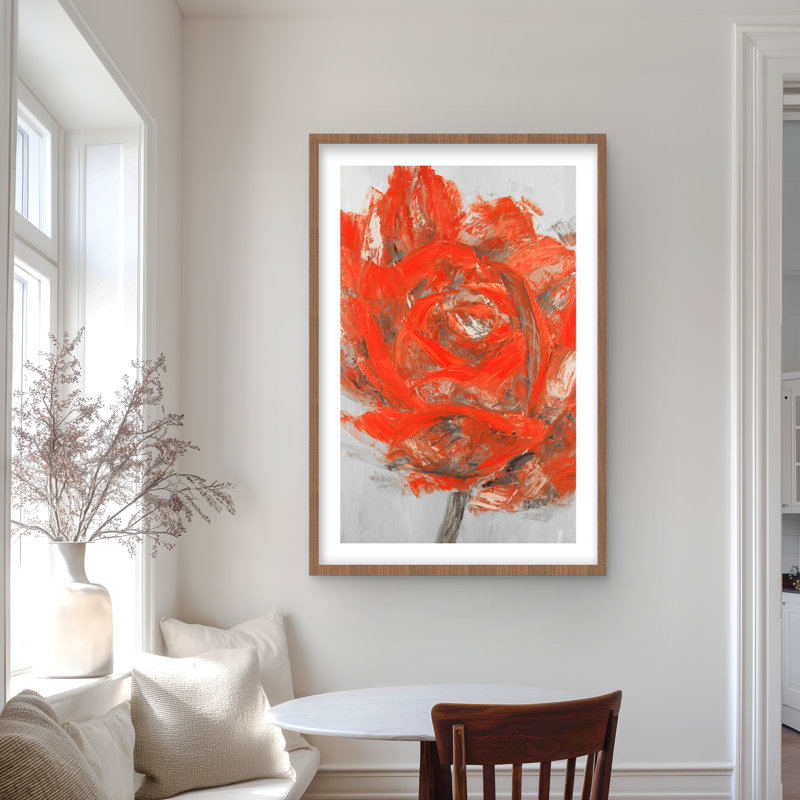 Abstrait fleur rouge - impression florale romantique encadrée pour la décoration, H 36 po x l 24 po, Brun