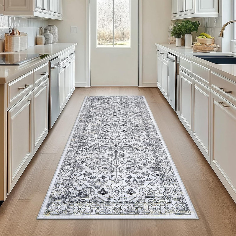 Entryway Rug, Washable Vintage Low Pile Stain-Resistant, Non-Slip Soft Thin Carpet for Kitchen, Bedroom, Bathroom (Grey)