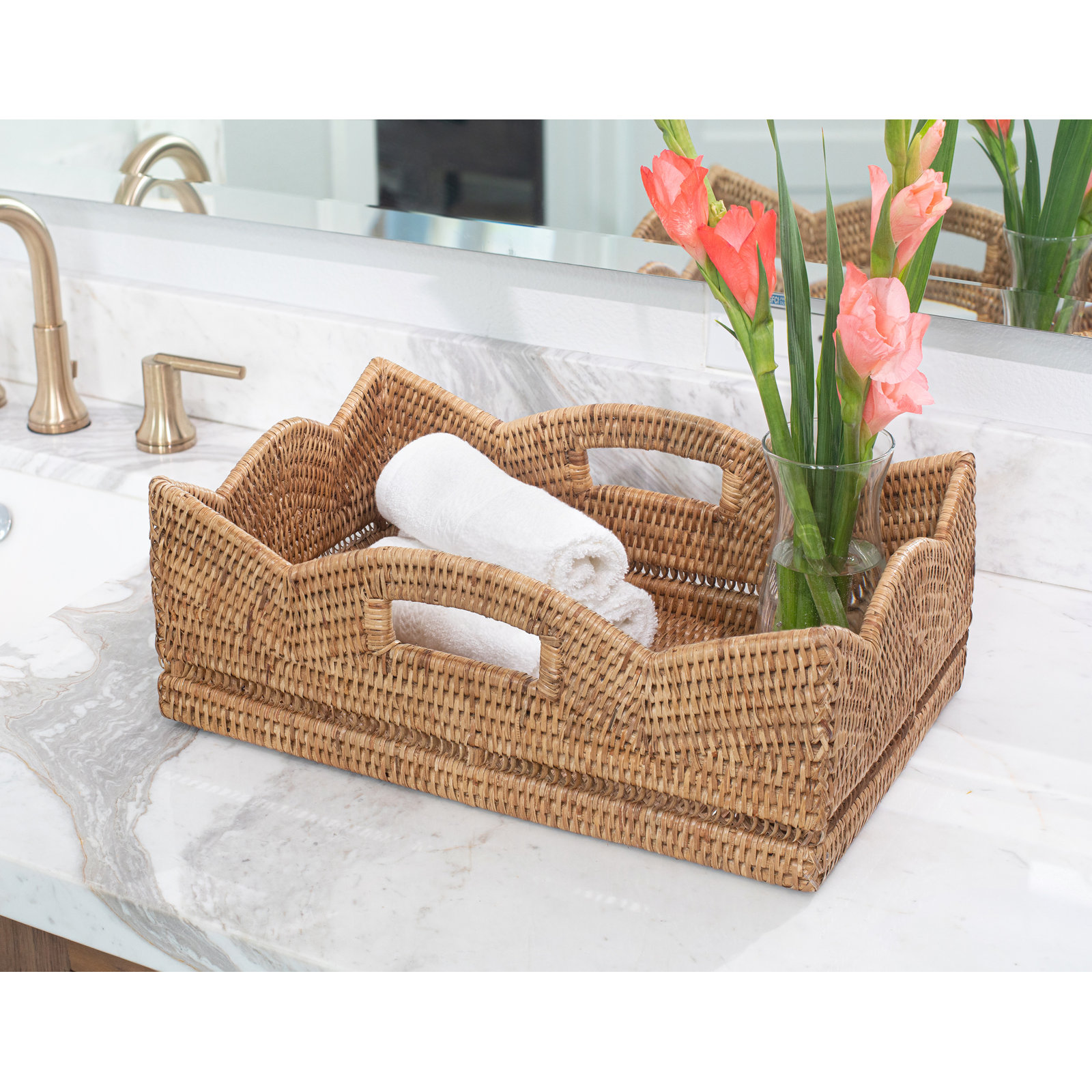 Handmade Coastal Rattan Basket With Handles 1, Brown