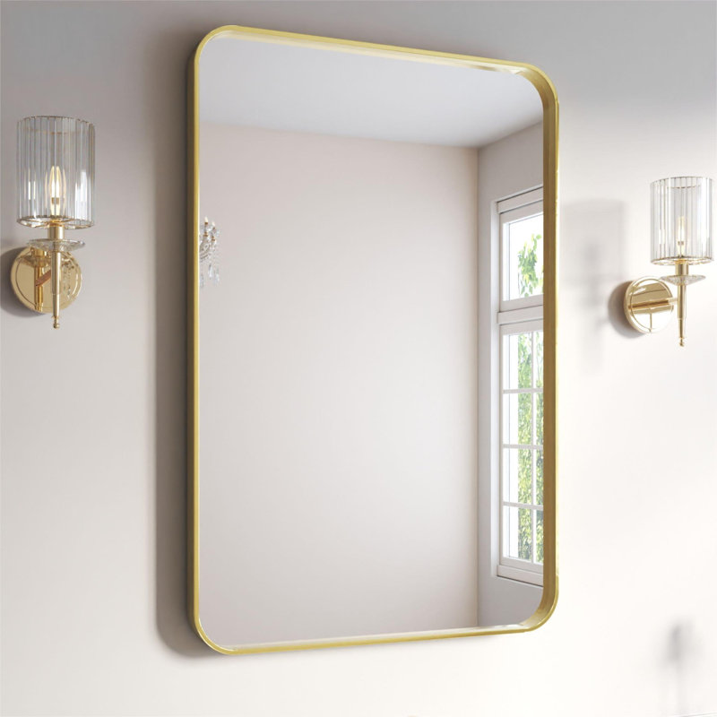 Stylish Aluminum Framed Mirror with Rounded Corner for Elegant Home Decor, 48" x 32", Brushed Gold, Rectangle