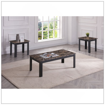 Charming Traditional-Style Wooden Coffee Table Set With Faux Marble Tops And Elegant Legs